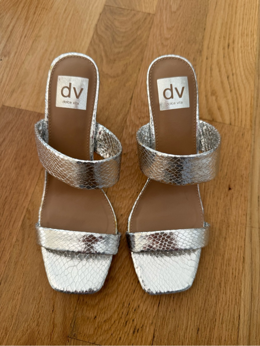 Dolce Vita Silver Metallic Two-Strap Heels